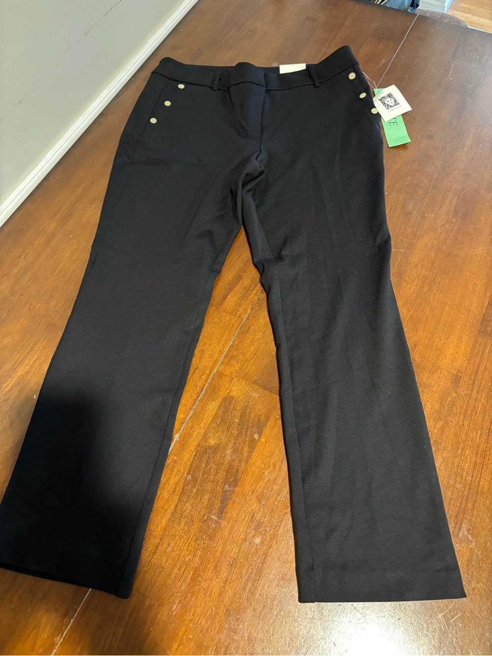 Anne Klein Black Straight-Leg Pants with Gold Button Detail 4 Pockets